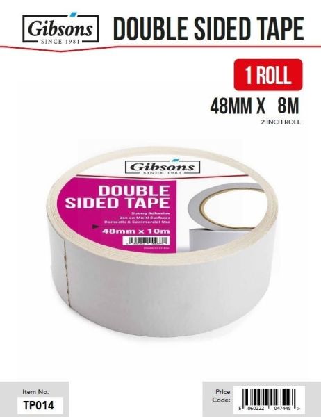 Gibsons High Strength Adhesive Double Sided Tape for Domestic & Commercial Use - 48mm x 8m