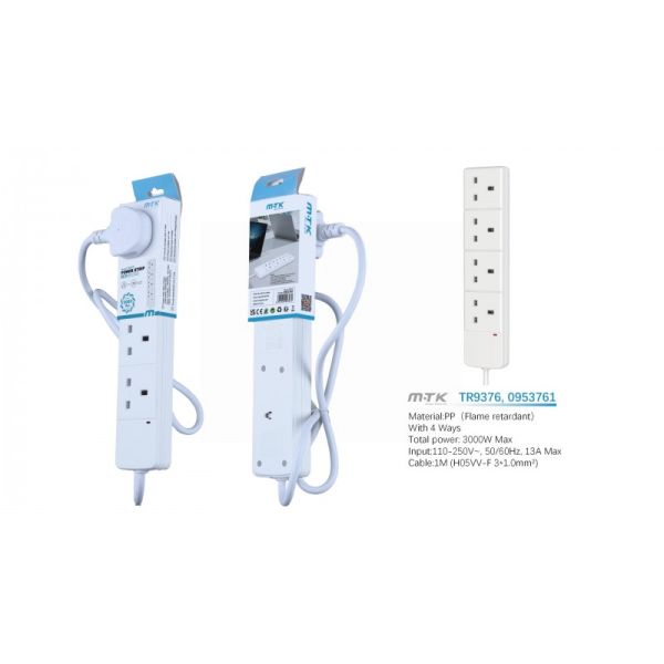 MTK 4 Way 1 Meter Extension Cable - White - 3000W - 13A 