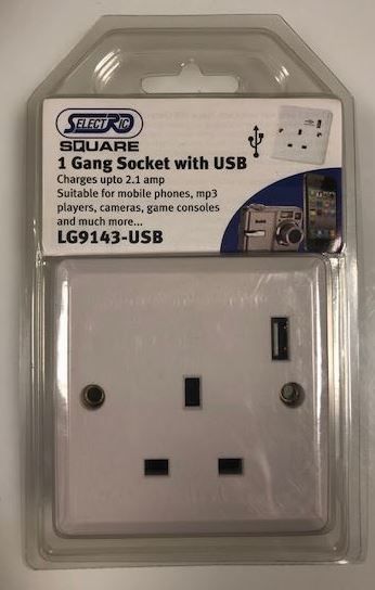 Selectric Square 1 Gang Socket With Usb - White