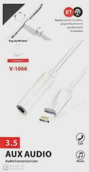 Connect V-1066 Lightening 3.5mm Aux BT Audio Conversion Line - White - 9cm