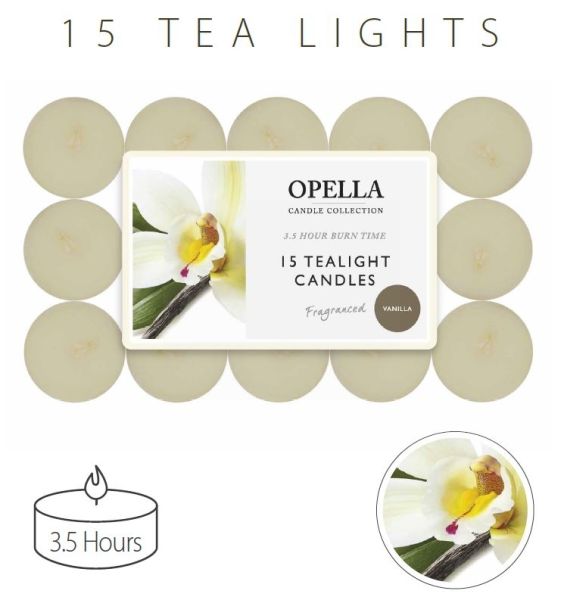 Opella Fragranced/Scented Tea Lights / Candles - Vanilla - Pack Of 15