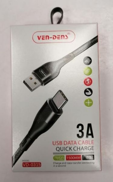 Ven-Dens Nylon USB-C Quick Charge Data Cable - 3A - 1.5m - Colour May Vary