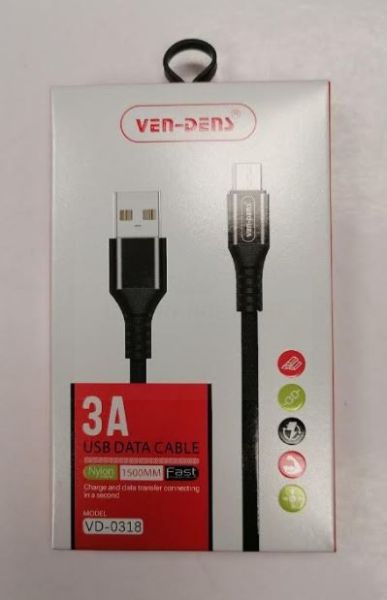 Ven-Dens Nylon Micro Quick Charge Data Cable - Colour May Vary - 3A - 1.5m