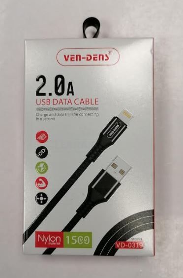 Ven-Dens Nylon Lightening Data Cable - 2.0A - 1.5m - Colour May Vary