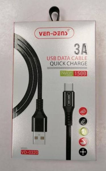 Ven-Dens Nylon USB-C Quick Charge Data Cable - Colour May Vary - 3A - 1.5m