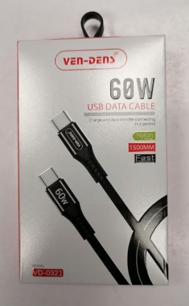 Ven-Dens Nylon USB-C Data Cable - 60W - 1.5m - Colours May Vary