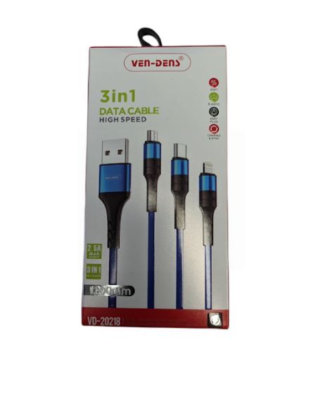 Ven-Dens 3-in-1 High Speed Data Cable - Lightening/Type-C/Micro - 1.2m - Blue