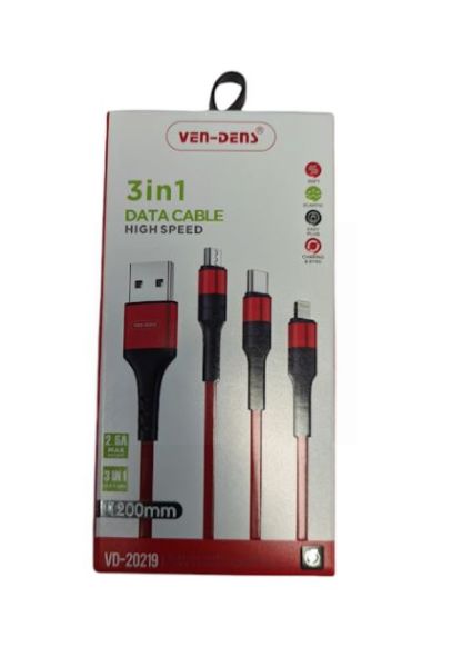 Ven-Dens 3-in-1 High Speed Data Cable - Lightening/Type-C/Micro - 1.2m - Red
