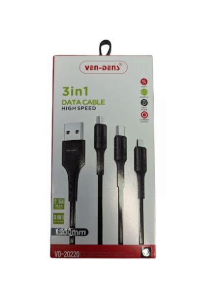 Ven-Dens 3-in-1 High Speed Data Cable - Lightening/Type-C/Micro - 1.2m - Black