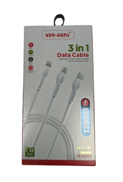 Ven-Dens 3-in-1 High Speed Data Cable - Lightening/Type-C/Micro - 1.2m - White