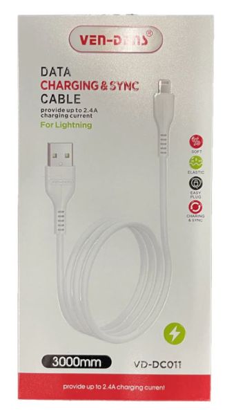 Ven-Dens Lightening Data Charging & Sync Cable - White - 3m