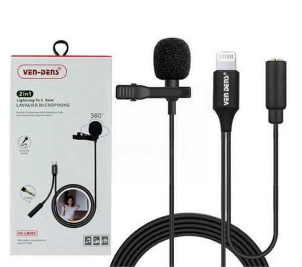 Ven-Dens 360° 2-in-1 Lightening to 3.5mm Lavalier Microphone with All-Directional High Fidelity Wheat Head - 1.5m