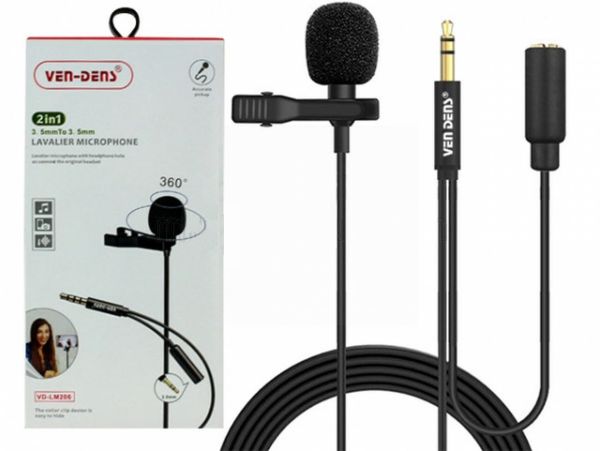 Ven-Dens 360° 2-in-1 3.5mm to 3.5mm Lavalier Microphone with All-Directional High Fidelity Wheat Head - 1.5m