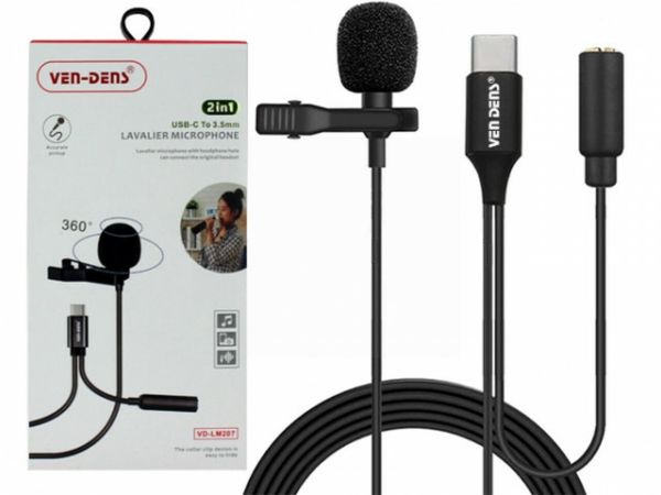 Ven-Dens 360° 2-in-1 USB-C to 3.5mm Lavalier Microphone with All-Directional High Fidelity Wheat Head - 1.5m