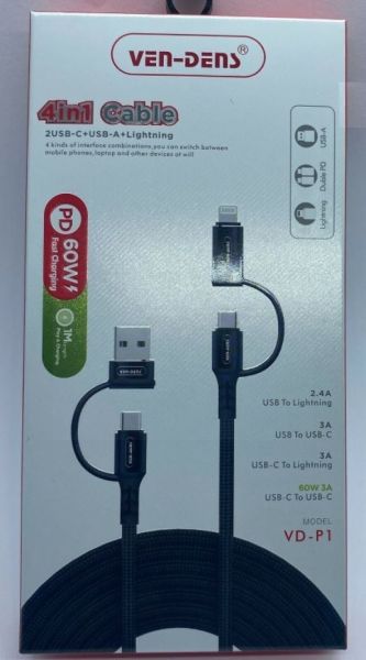 Ven-Dens 4-in-1 PD Fast Charging 2USB-C + USB-A + Lightening Cable - 60W - 1m