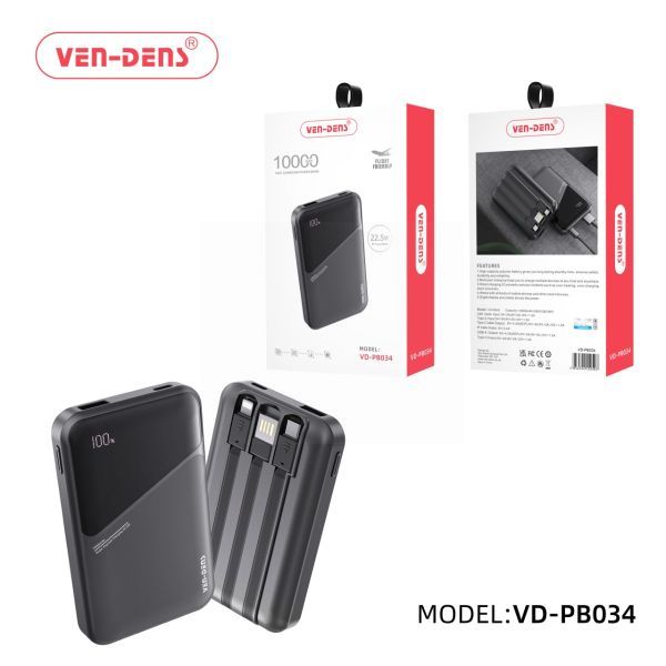 Ven-Dens 22.5w Power Bank With 3 in 1 Built In Charging Cables - 1000mAh
