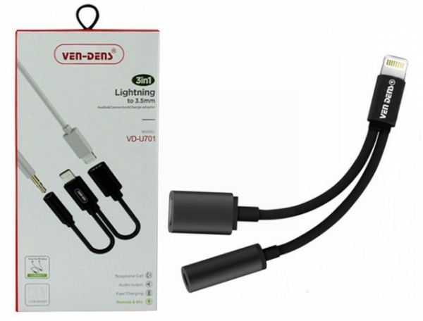 Ven-Dens 3-in-1 Lightening to 3.5mm Audio, Connector & Charge Adapter - 13cm