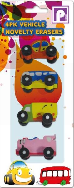 Vehicle Novelty Eraser Rubbers - Assorted Colours And Designs - Pack Of 4