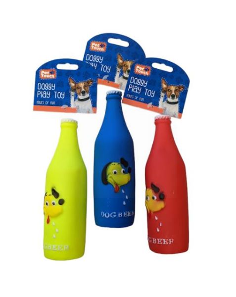 Pet Touch Squeaky Beer Bottle Doggy Play Toy  - Assorted Colours - 20 x 6cm