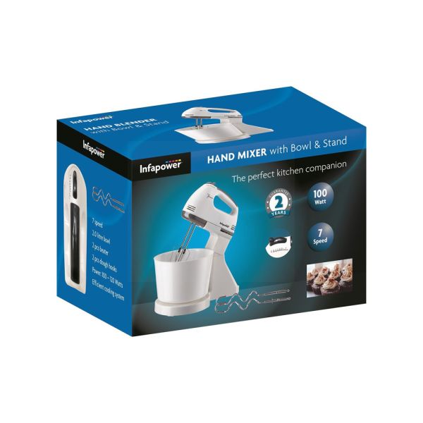 Infapower Hand Mixer With Bowl & Stand - White - 100W