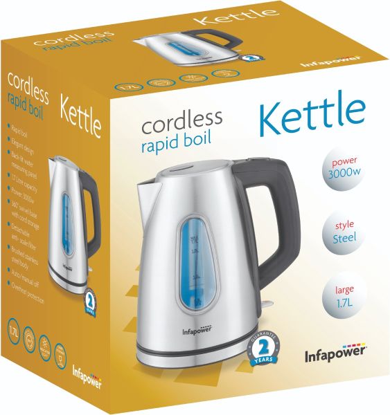 Infapower Rapid Boil Cordless Stainless Steel Kettle - 3000W - 1.7L