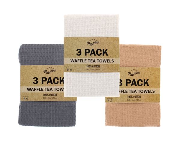 WAFFLE TEA TOWELS - ASSORTED COLOURS - PACK OF 3
