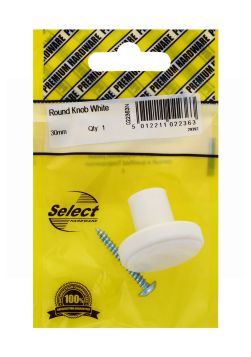 KNOB ROUND WHITE 30MM 1 PACK