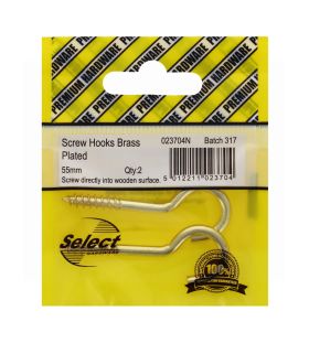 SCREW HOOKS BRASS PLATED 55MM 2 PACK