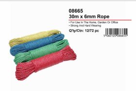 JAK Multipurpose Strong & Hard Wearing Rope - 30m x 6mm - Colours May Vary
