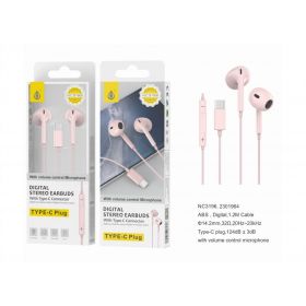 MTK Type-C Digital Stereo Earbuds With Microphone - 1.2m - Baby Pink