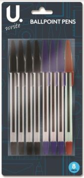 U Write Ballpoint Pens - Assorted Colours - Pack of 8