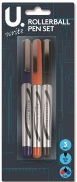 U Write Fine Tip Roller Ball Pen Set - Assorted Colours - Pack of 3