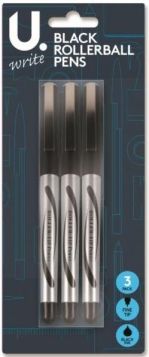 U Write Fine Tip Black Roller Ball Pen Set - Pack of 3