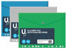 A4 Carry File With Punched Spine - Pack of 3 - Assorted Colours