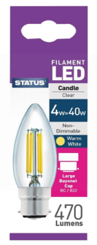 Status LED BC/B22 Clear Candle Non-Dimmable Filament Bulb - 40w - 470 Lumens - Warm White