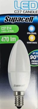 Supacell Led C37 SES (E14) Base 5W Energy Saving Candle Light Bulb - Screw Fitting - Opal/pearl - Warm White