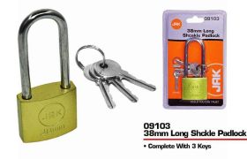 JAK Brass Long Shackle Padlock with 3 Keys - 38mm