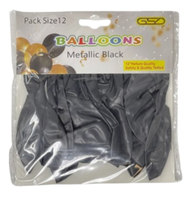 GSD Black Metallic Balloons -  12" - Pack of 12