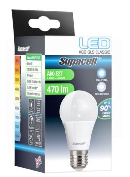 Supacell Led A60 Gls Es (E27) Base 5W Energy Saving Light Bulb With Screw Fitting - Cool White