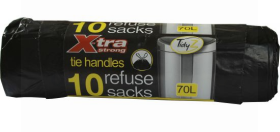 Tidyz X-tra Strong Tie Handle Refuse Sacks - Roll of 10 - 70 Litres