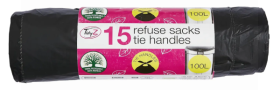 TIDYZ EXTRA THICK REFUSE SACKS WITH TIE HANDLES - 100L - PACK OF 15