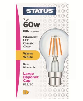 Status Filament LED Classic Clear Bulb - 7W/60W - Warm White - BC/B22 - Pack of 4