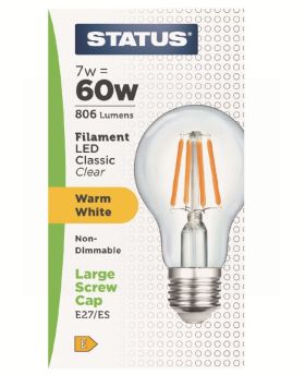 Status Filament LED Classic Clear Bulb - 7W/60W - Warm White - ES/E27 - Pack of 4