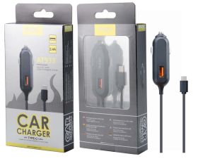 MTK 2.4A USB Car Charger With Type-C Cable - Black