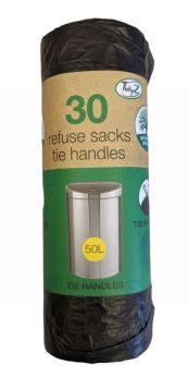 Tidyz Refuse Sacks with Tie Handles - Roll of 30 - 50 Litres - 94 x 120cm