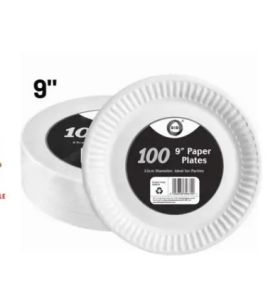 DID 9'' Disposable Paper Plates - White - Pack of 100