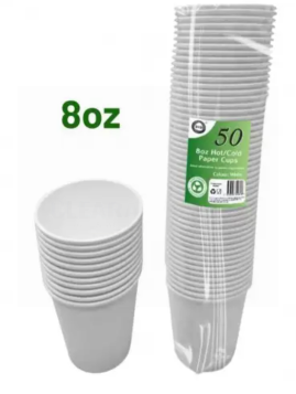 DID Disposable White Hot/Cold Paper Cups - 8oz - Pack of 50