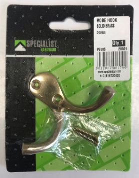 Specialist Hardware Solid Brass Double Wardrobe Hook with Screws - 12 x 9cm  
