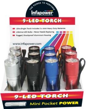 Infapower 9 LED Mini Pocket Bright Torch including 3 x AAA Batteries - Assorted Colours