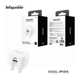 Infapower 20W Dual USB-A + USB-C Wall Charger Plug - White